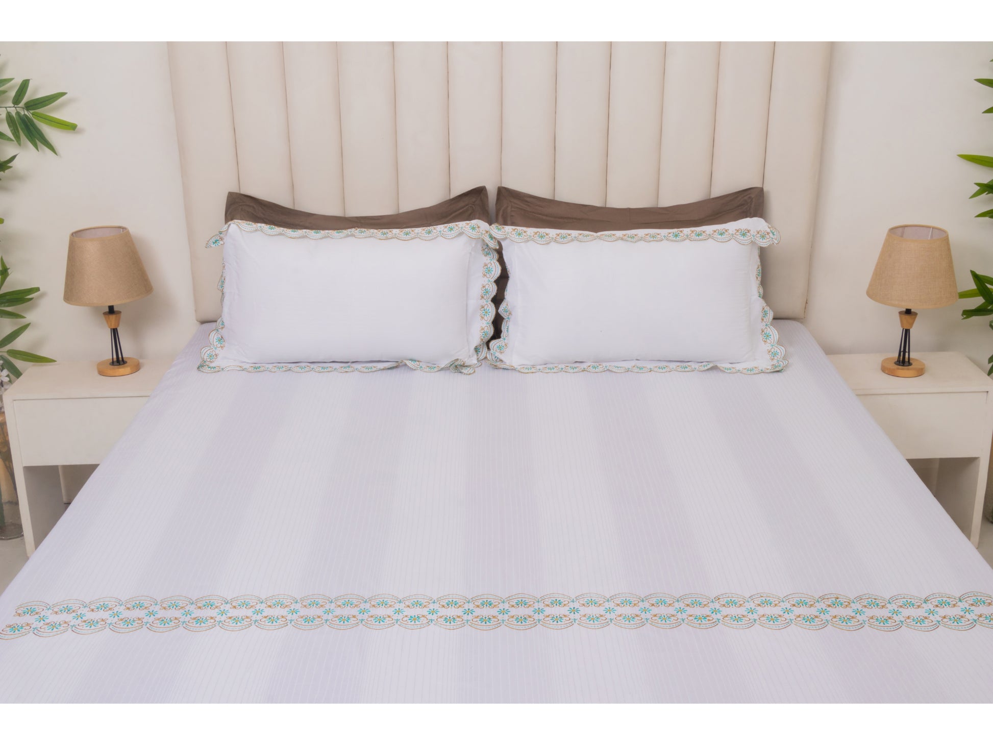 EMBROIDERY BEDSHEET 100% COTTON (3PCS, WHITE 2) - Bedding Bliss
