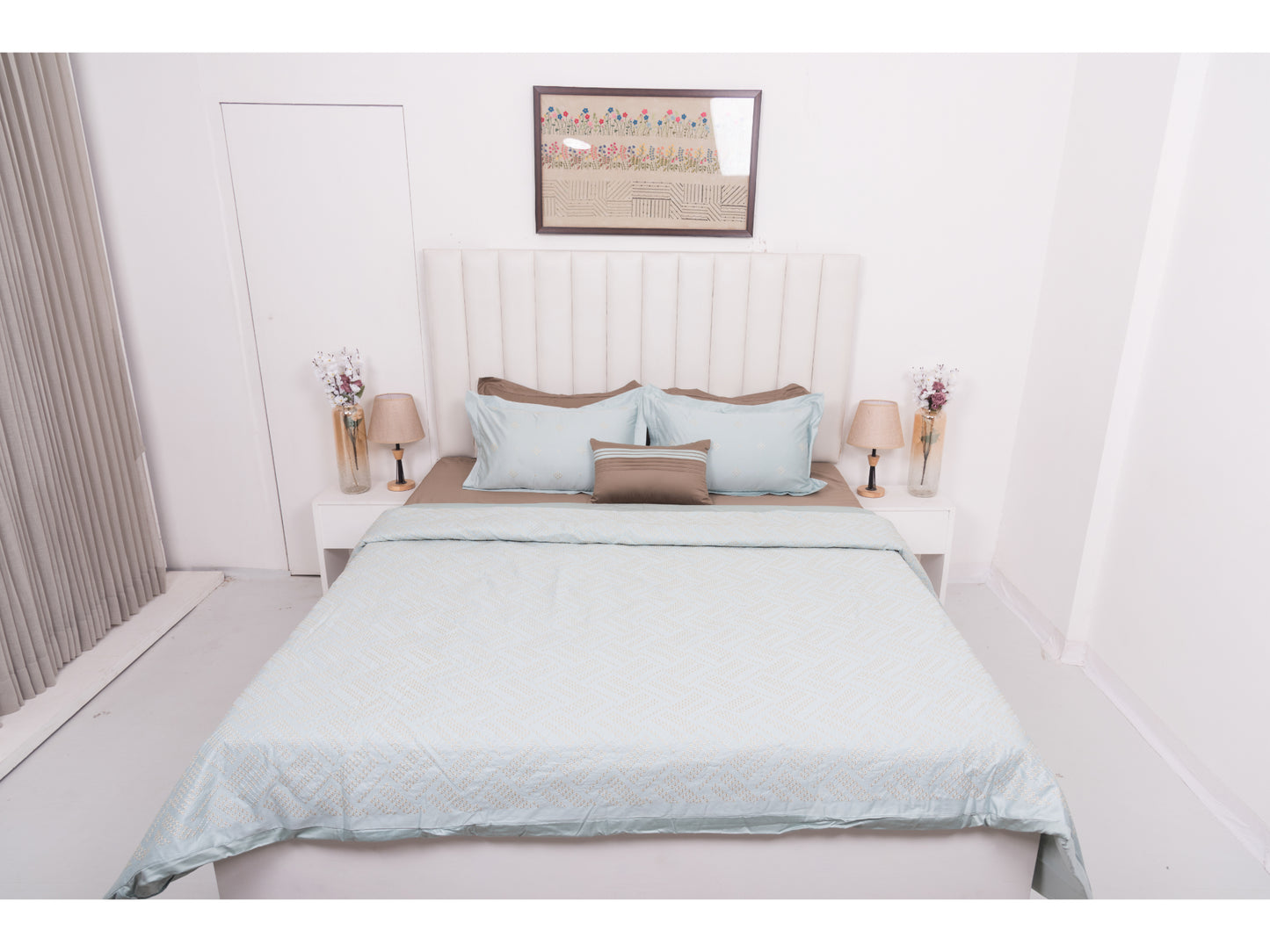 EMBROIDERY BEDDING SET 100% COTTON (9PCS,AQUA GREEN)