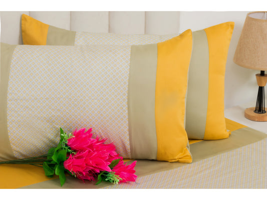 PRINTED WITH PATCH WORK 100% COTTON BEDSHEET (3PCS, GOLD) - Bedding Bliss