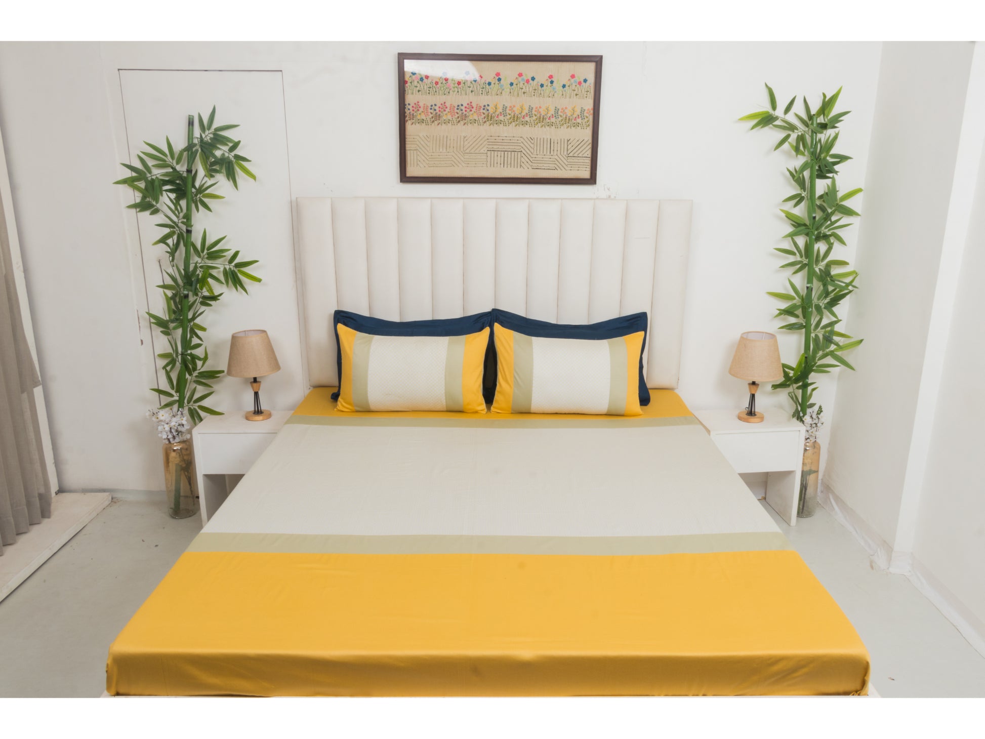 PRINTED WITH PATCH WORK 100% COTTON BEDSHEET (3PCS, GOLD) - Bedding Bliss