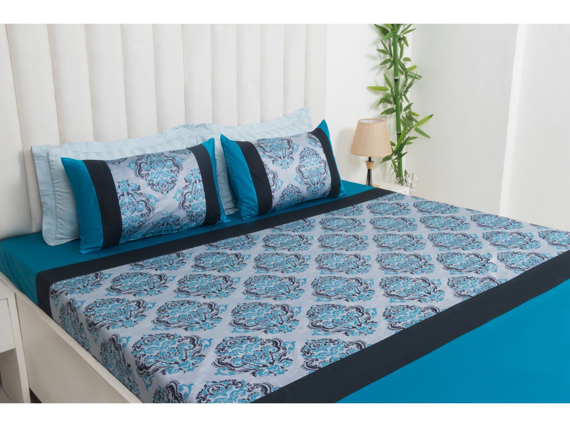 PRINTED WITH PATCH WORK 100% COTTON BEDSHEET (3PCS, BLUE) - Bedding Bliss