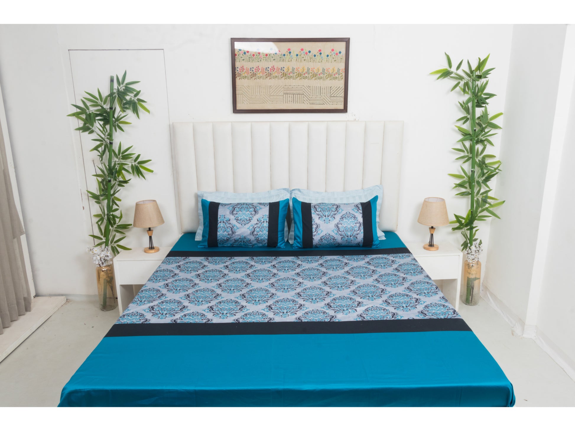 PRINTED WITH PATCH WORK 100% COTTON BEDSHEET (3PCS, BLUE) - Bedding Bliss
