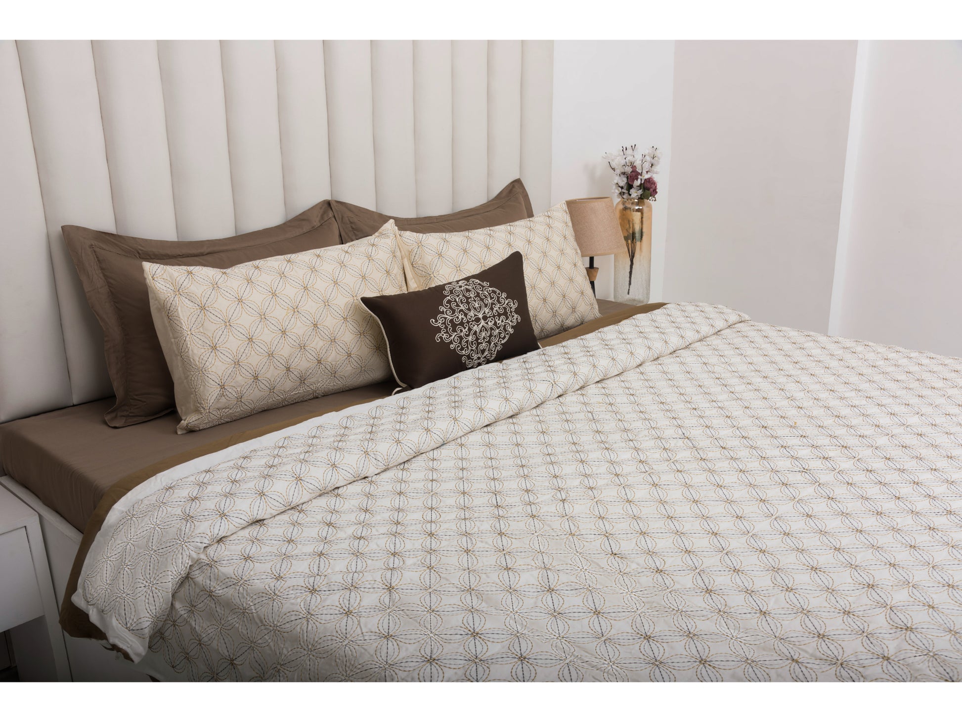 EMBROIDERY BEDDING SET 100% COTTON (9PCS,CREAM) - Bedding Bliss