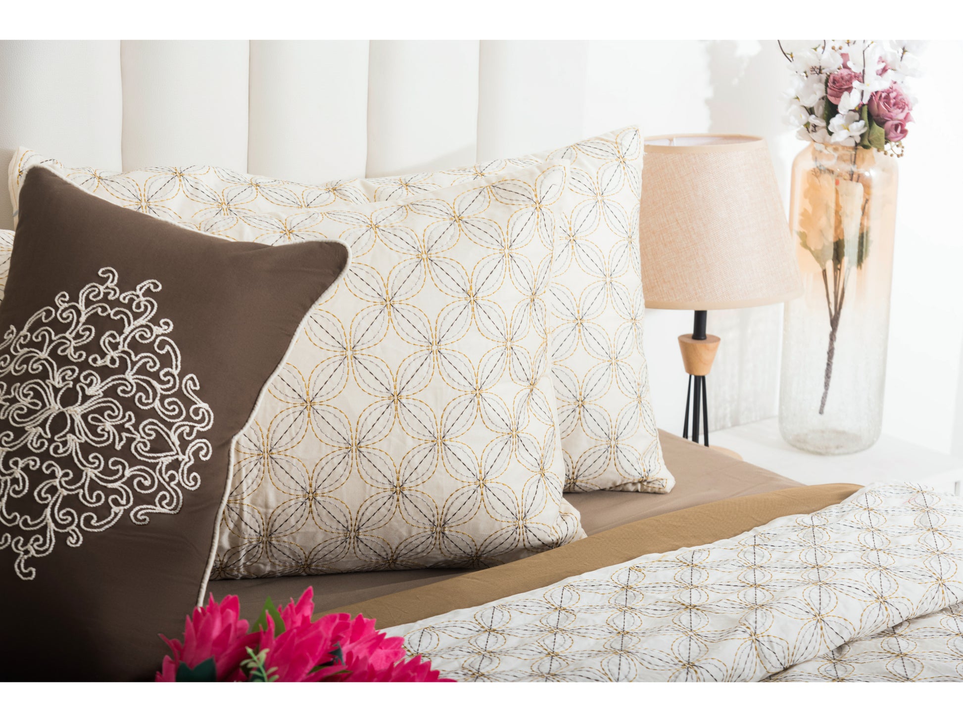 EMBROIDERY BEDDING SET 100% COTTON (9PCS,CREAM) - Bedding Bliss