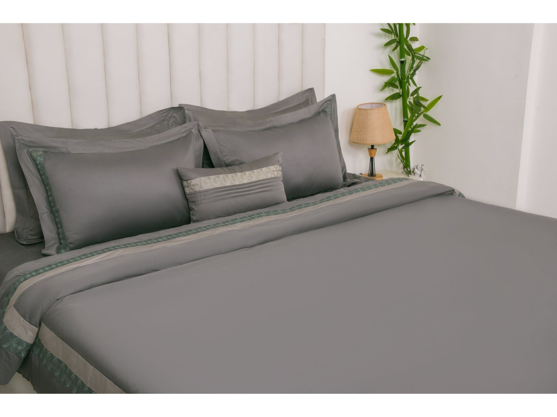 EMBROIDERY BEDDING SET 100% COTTON (9PCS,ASH GREY) - Bedding Bliss