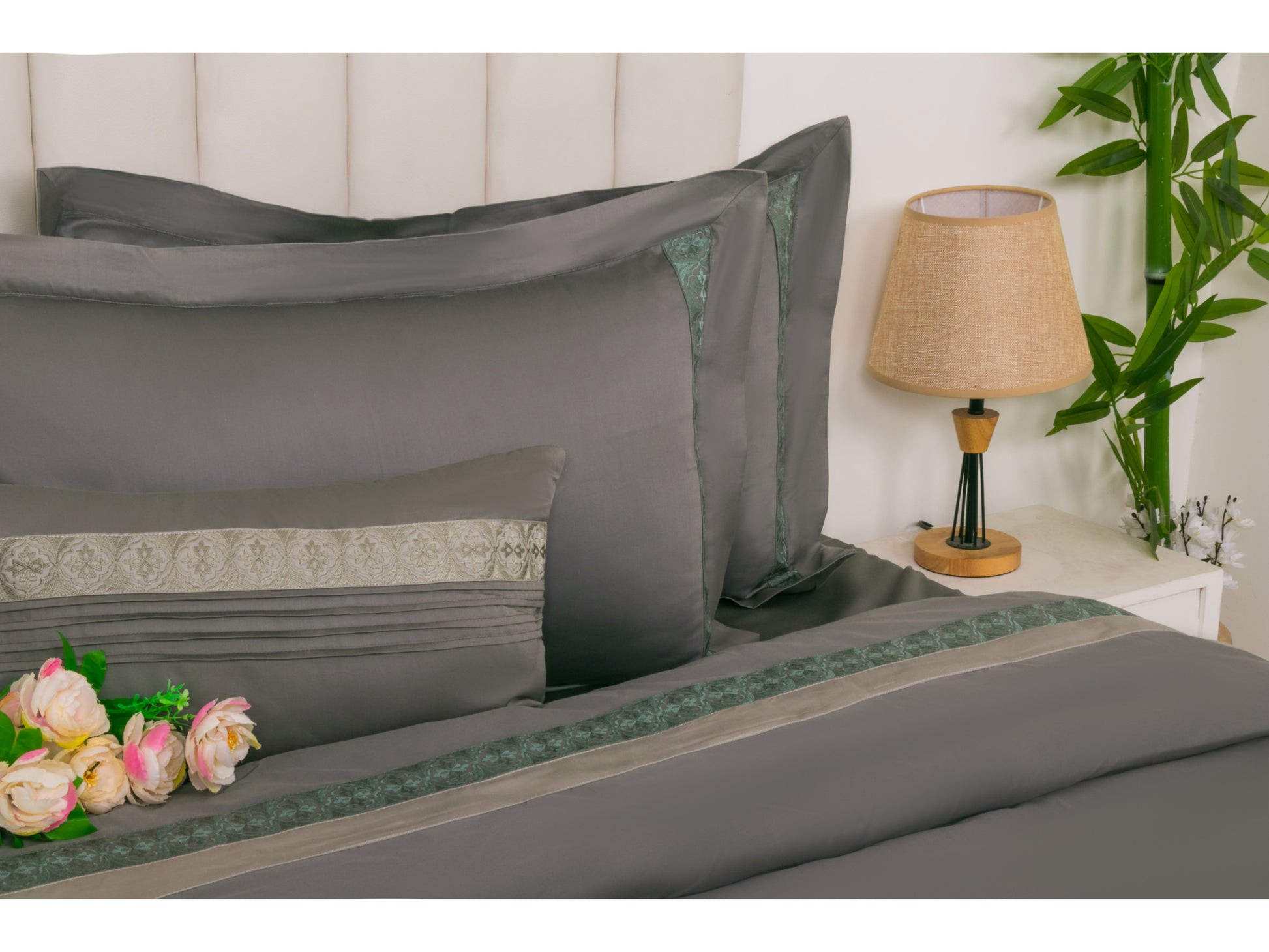EMBROIDERY BEDDING SET 100% COTTON (9PCS,ASH GREY) - Bedding Bliss