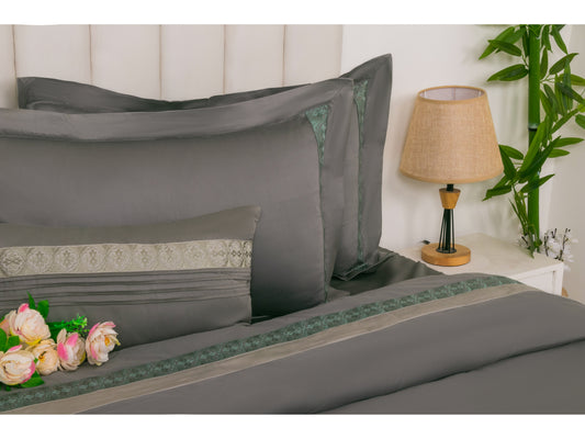 EMBROIDERY BEDDING SET 100% COTTON (9PCS,ASH GREY) - Bedding Bliss