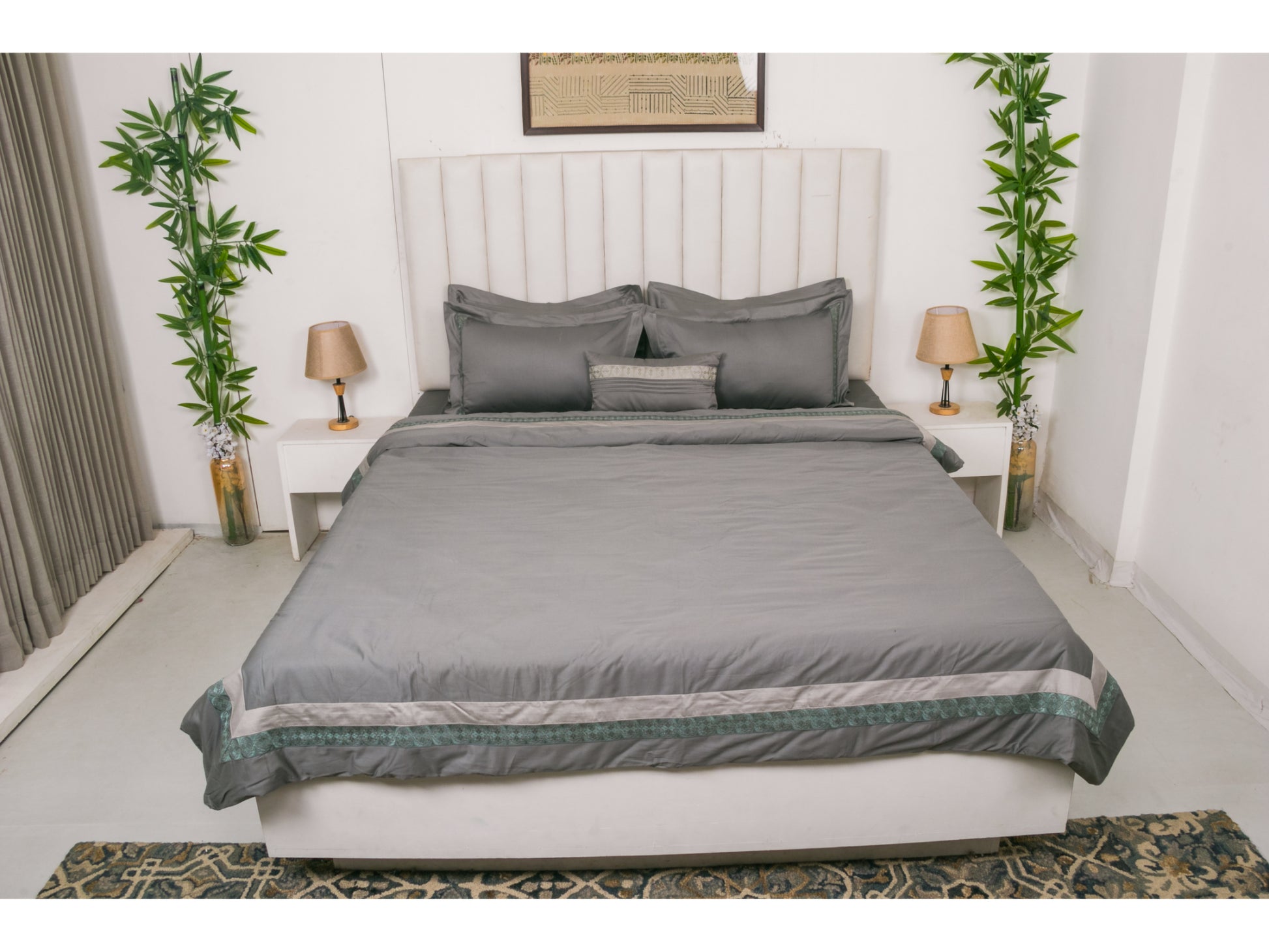 EMBROIDERY BEDDING SET 100% COTTON (9PCS,ASH GREY) - Bedding Bliss