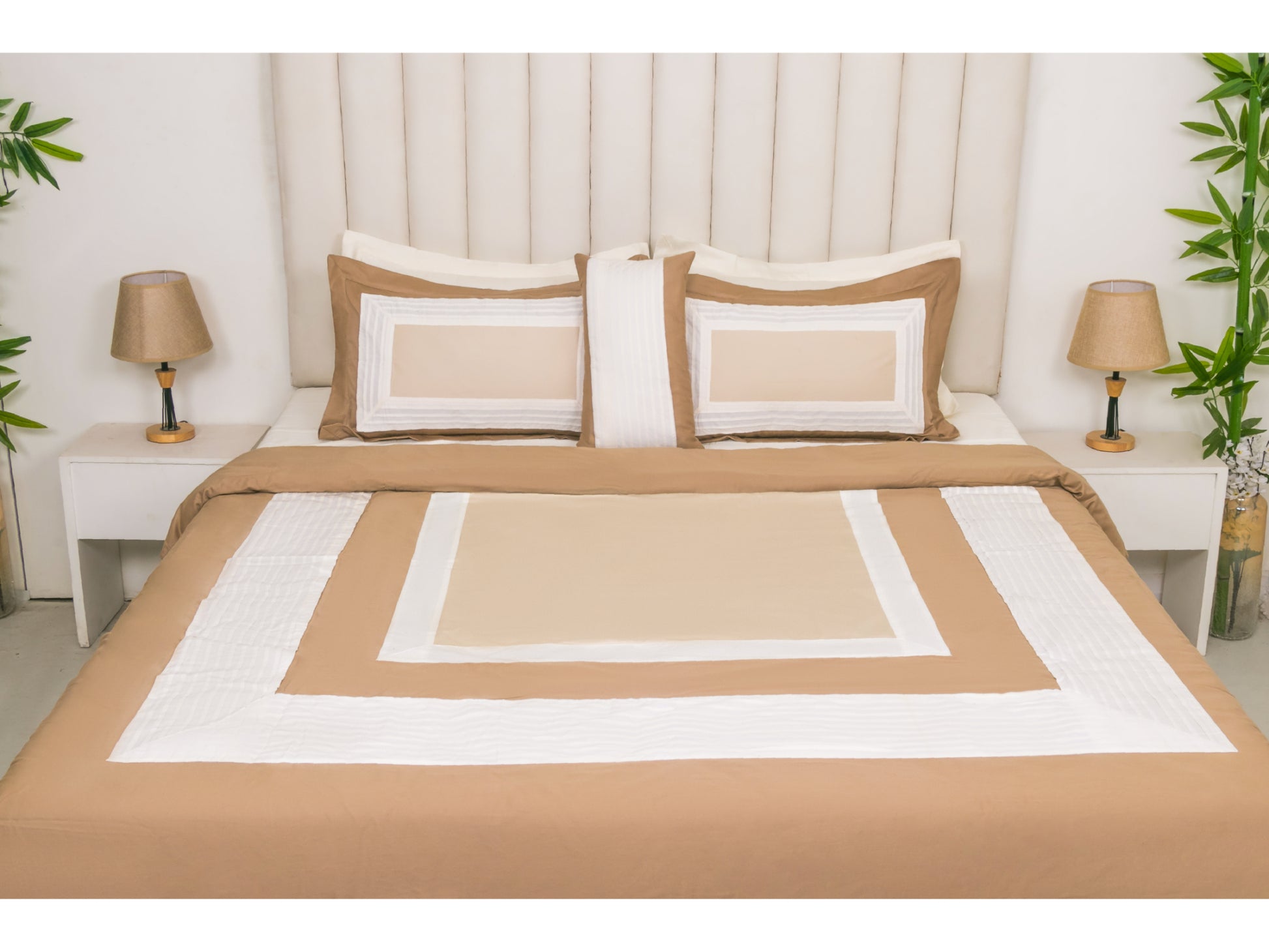 PATCH WORK BEDDING SET 100% COTTON (9 PCS, TAUPE) - Bedding Bliss