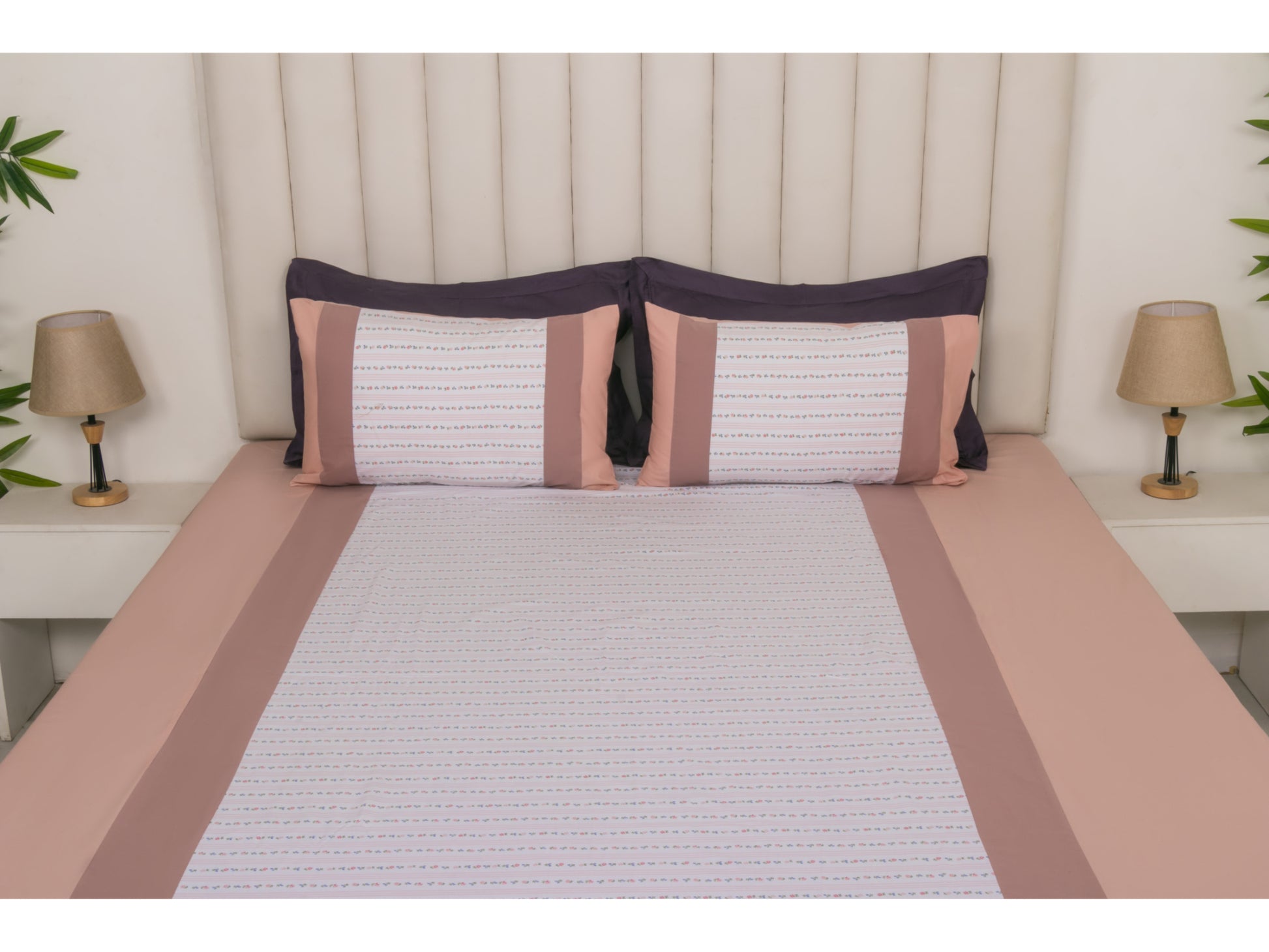 PRINTED WITH PATCH WORK 100% COTTON BEDSHEET (3PCS, PINK) - Bedding Bliss