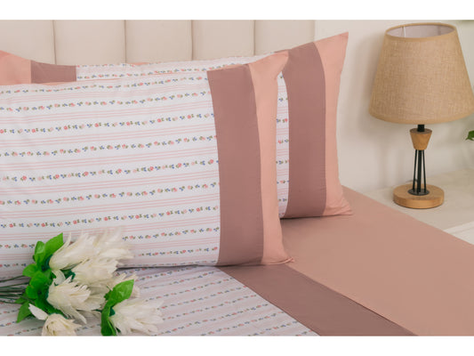 PRINTED WITH PATCH WORK 100% COTTON BEDSHEET (3PCS, PINK) - Bedding Bliss