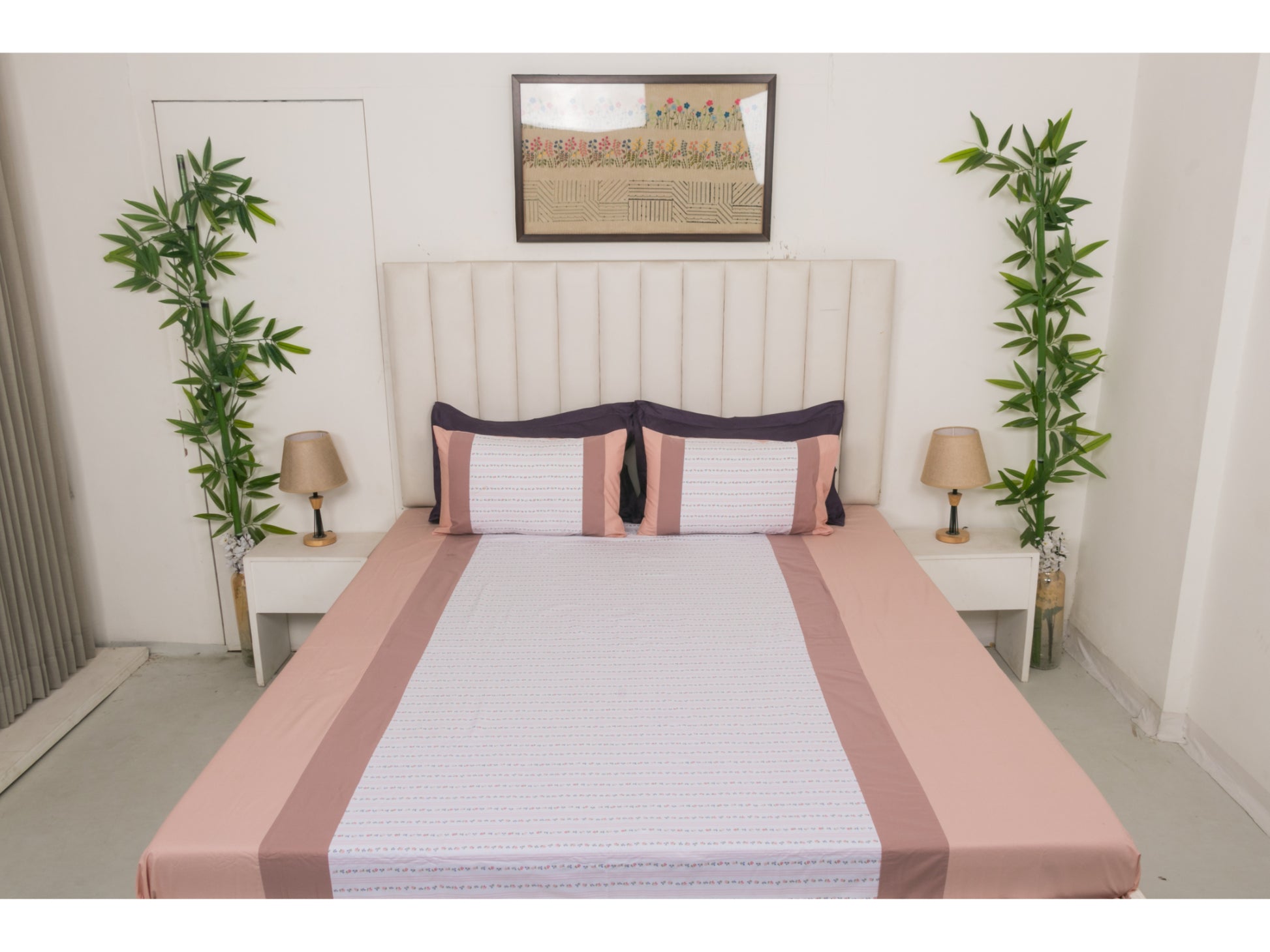 PRINTED WITH PATCH WORK 100% COTTON BEDSHEET (3PCS, PINK) - Bedding Bliss