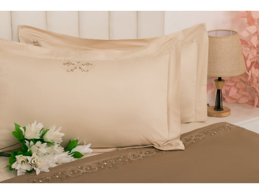 BEDSHEET WITH DOHOR SET 100% COTTON (4 PCS, PEARL WITH TAUPE) - Bedding Bliss