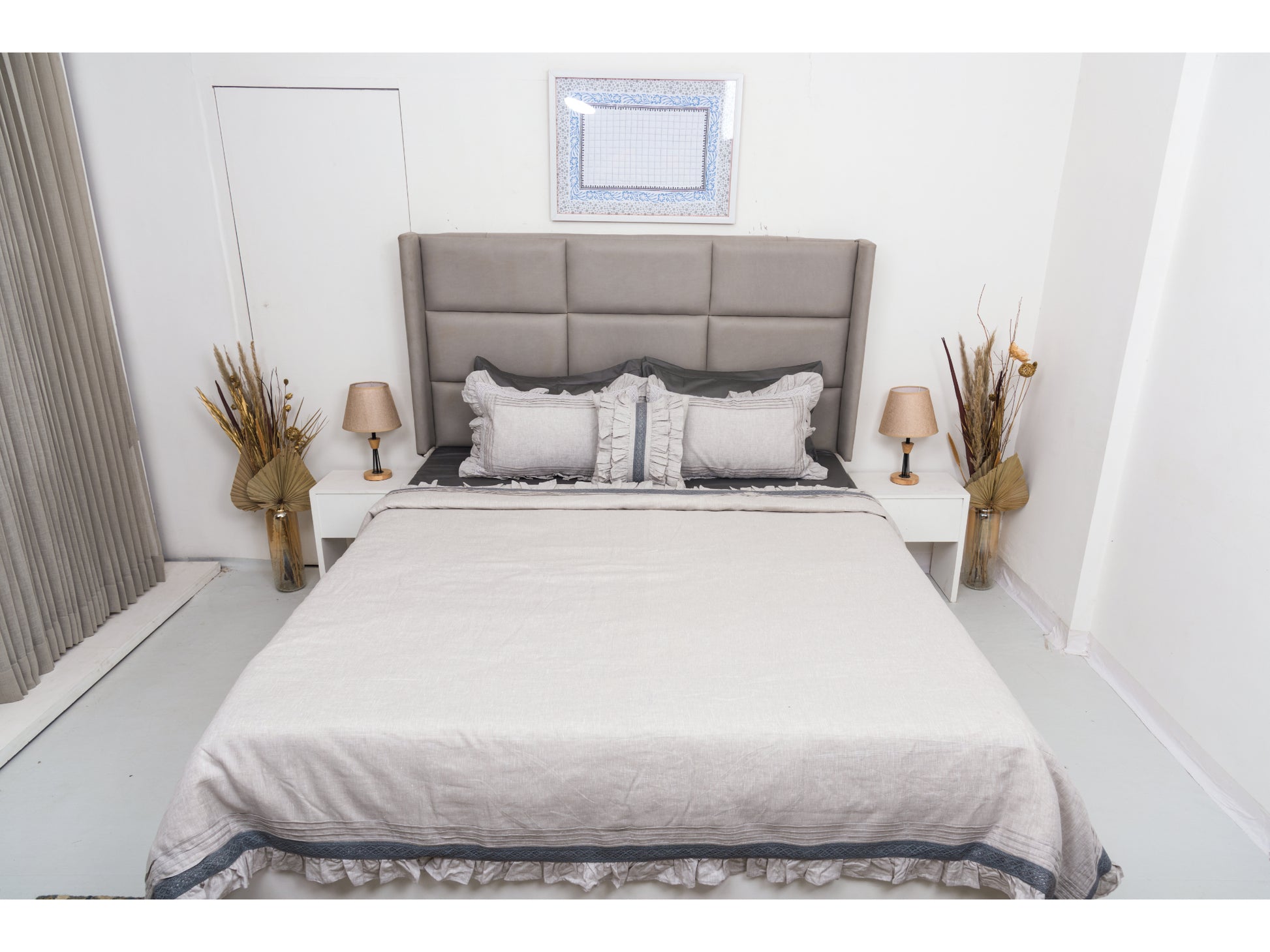 LINEN x FRILL BEDDING SET BEDDING SET 100% COTTON (SMOKE GREY, 9 PCS) - Bedding Bliss