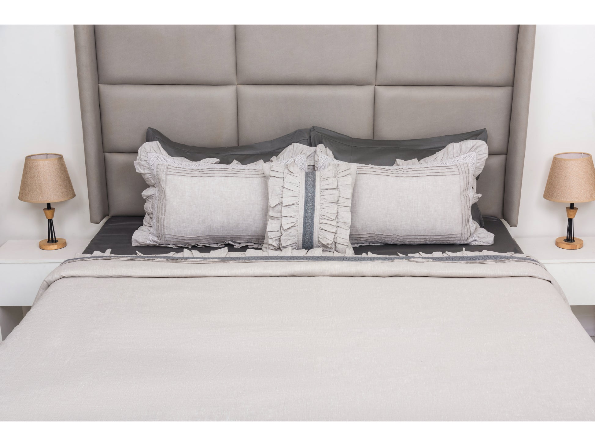 LINEN x FRILL BEDDING SET BEDDING SET 100% COTTON (SMOKE GREY, 9 PCS) - Bedding Bliss