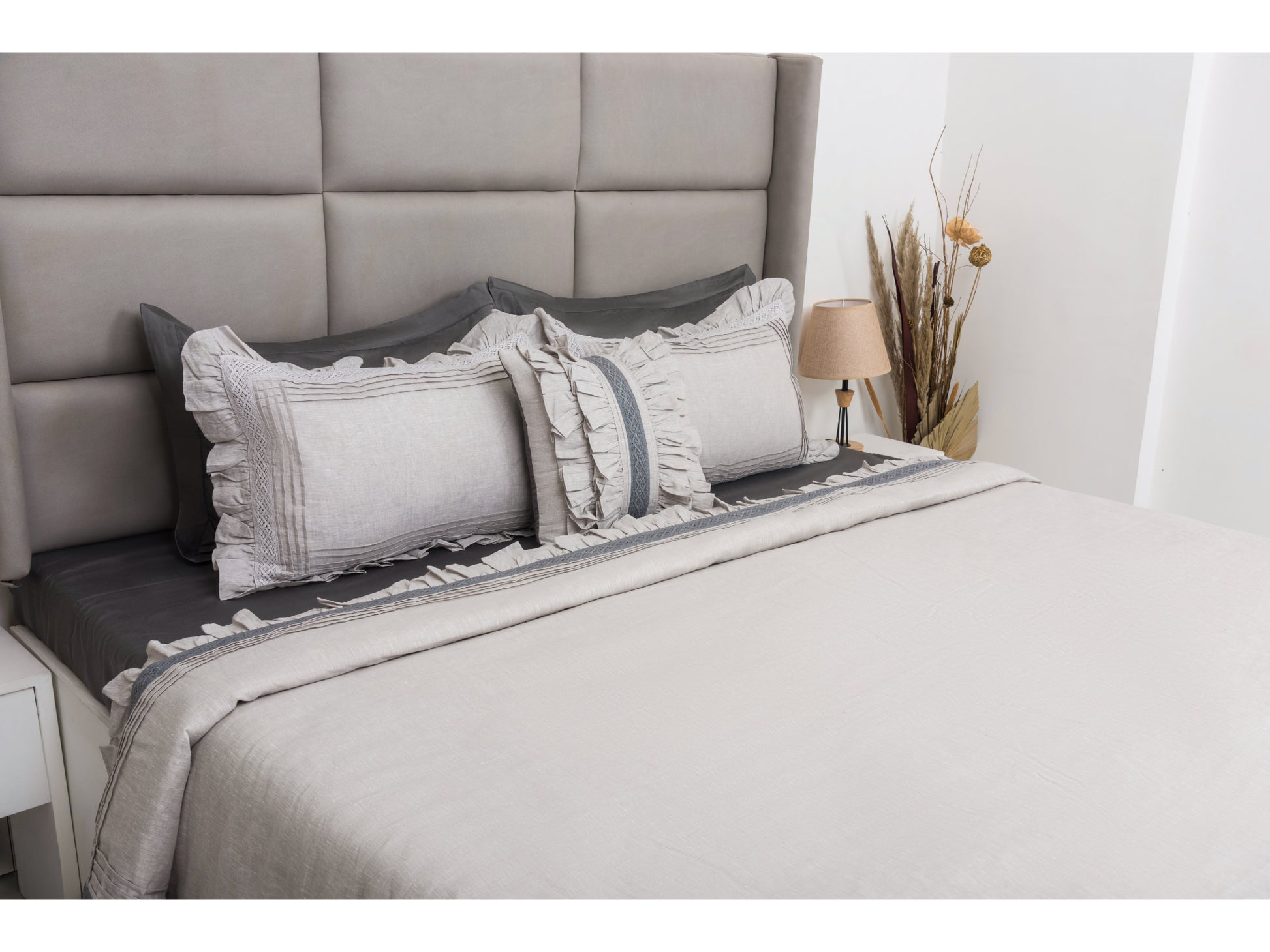 LINEN x FRILL BEDDING SET BEDDING SET 100% COTTON (SMOKE GREY, 9 PCS) - Bedding Bliss
