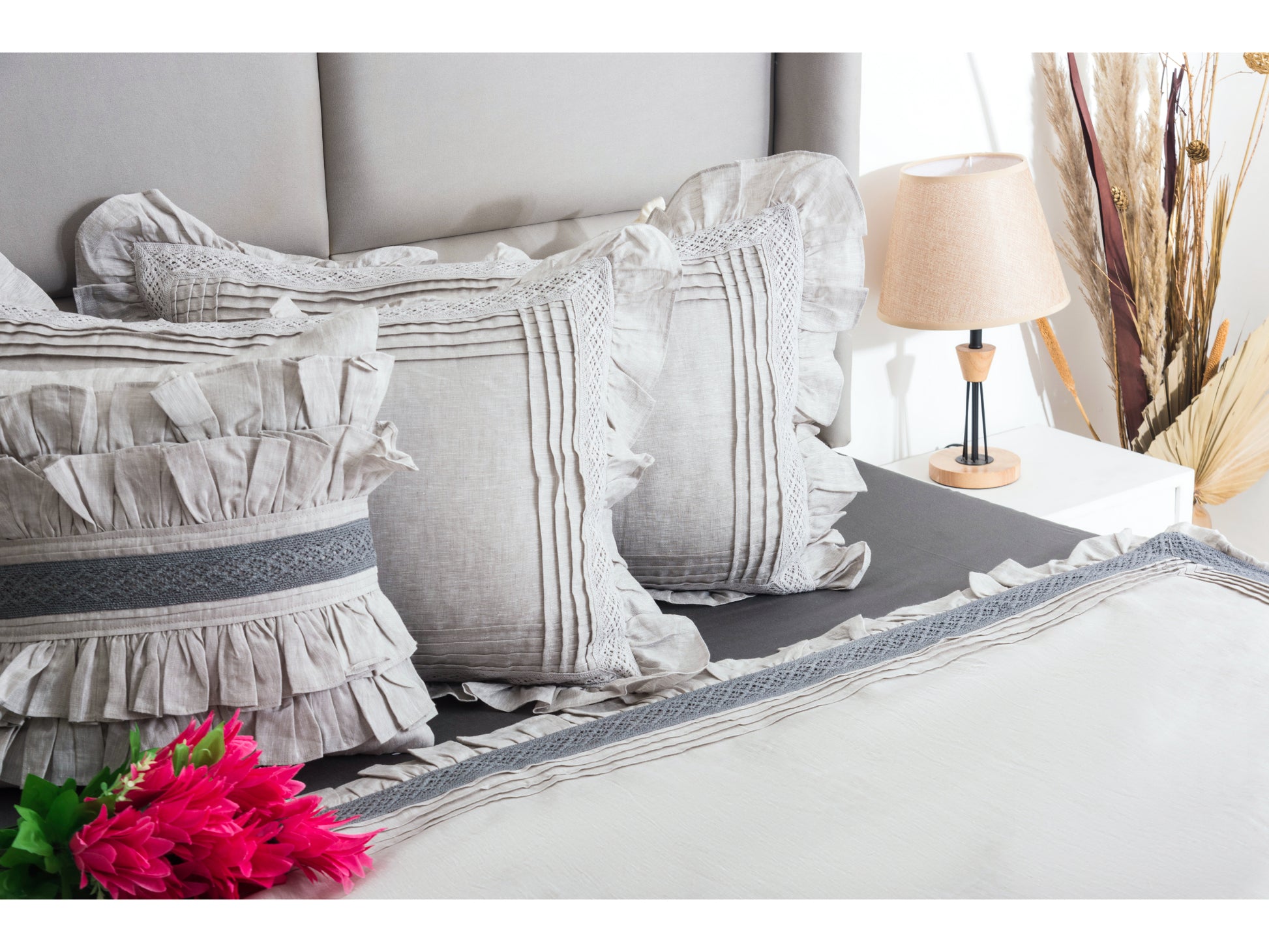 LINEN x FRILL BEDDING SET BEDDING SET 100% COTTON (SMOKE GREY, 9 PCS) - Bedding Bliss