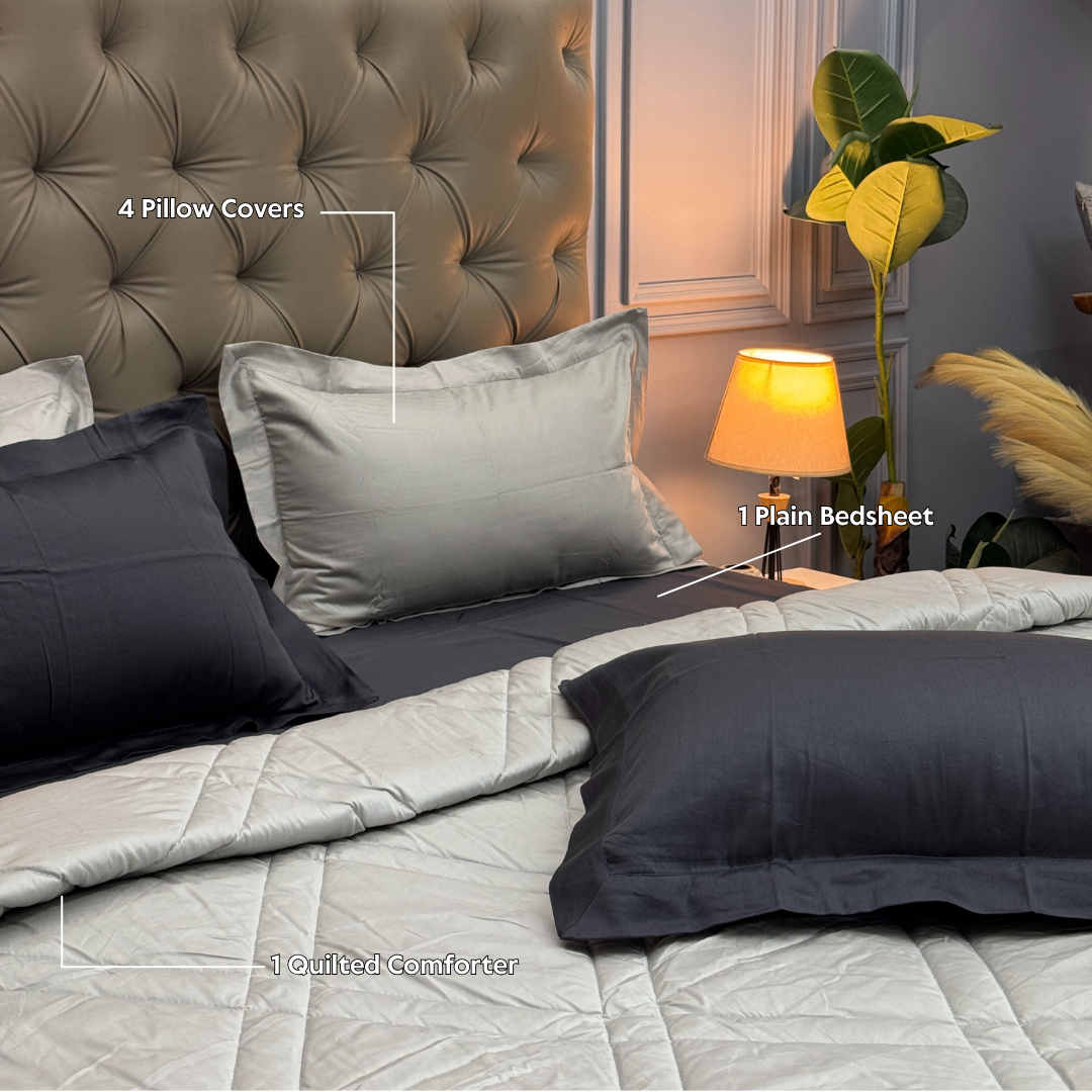 PREMIUM BEDSHEET WITH COMFORTER SET (SMOKE GREY, 6 PCS)