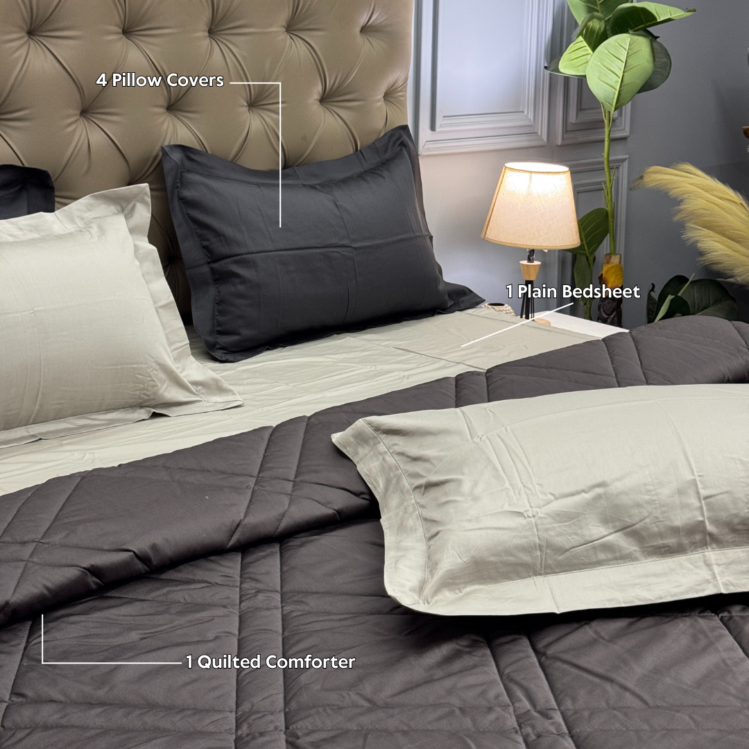 PREMIUM BEDSHEET WITH COMFORTER SET (CHARCOAL GREY, 6 PCS) - Bedding Bliss