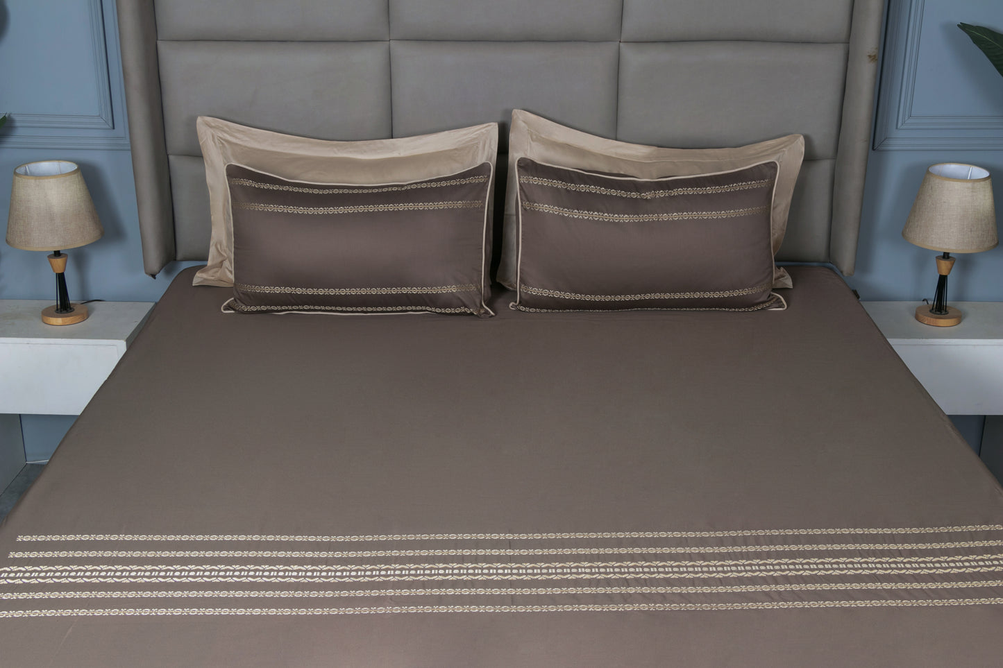 EMBROIDERY BEDSHEET 100% COTTON (MOCHA, 3PCS) - Bedding Bliss