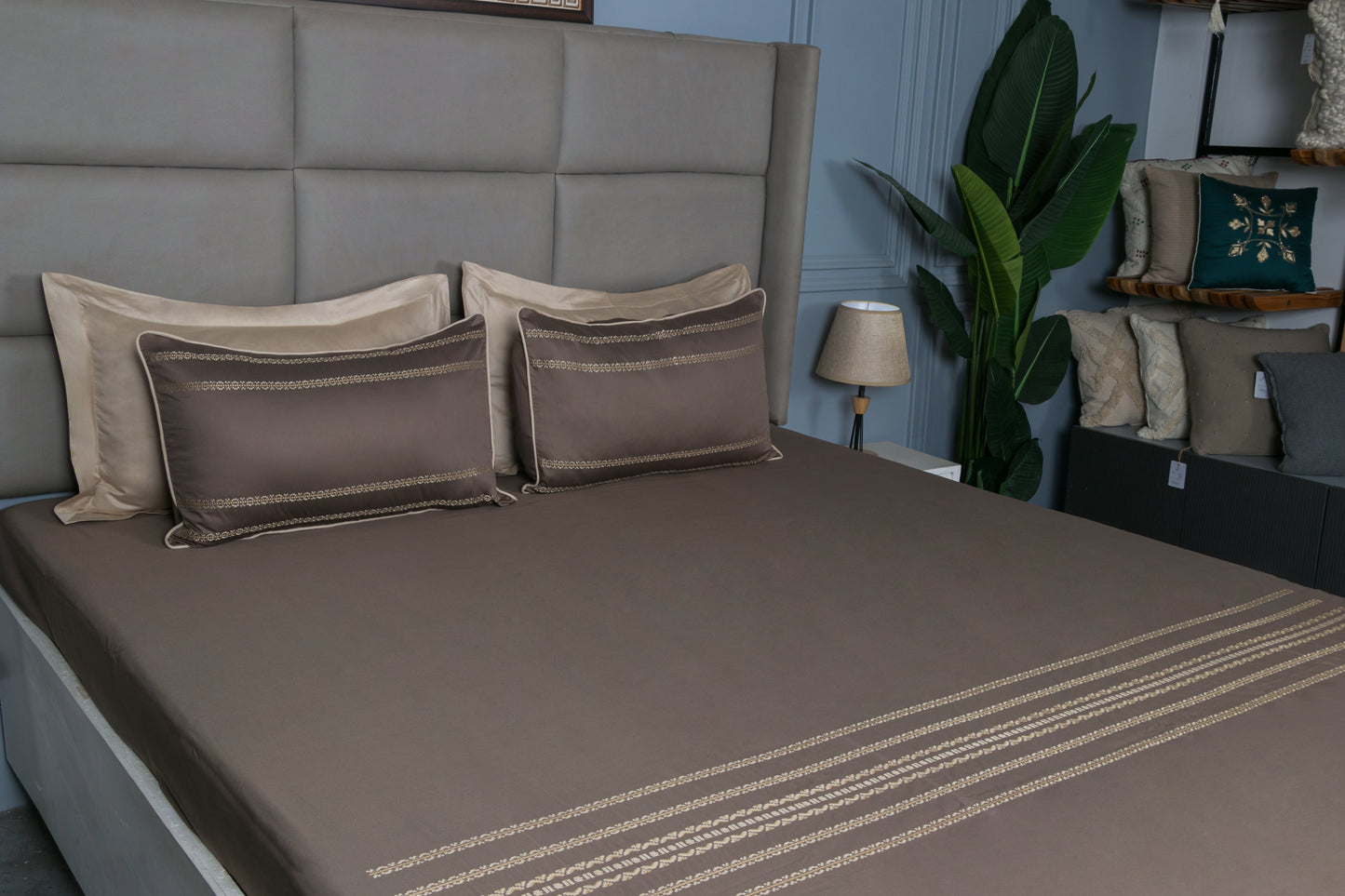 EMBROIDERY BEDSHEET 100% COTTON (MOCHA, 3PCS) - Bedding Bliss