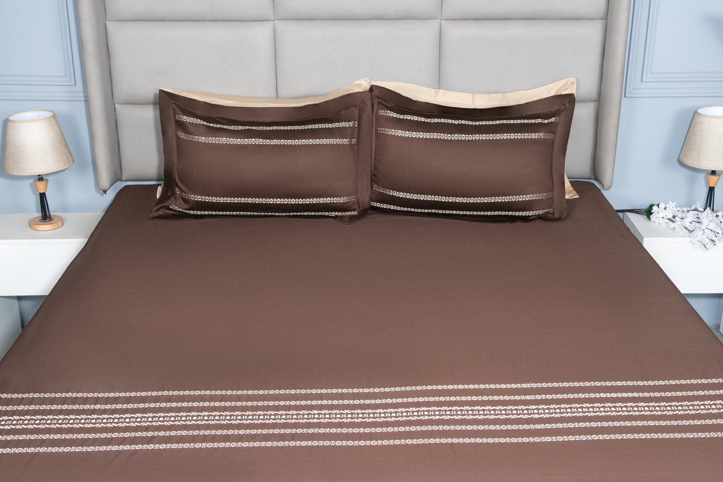 EMBROIDERY BEDSHEET 100% COTTON  (MOCHA, 3PCS)