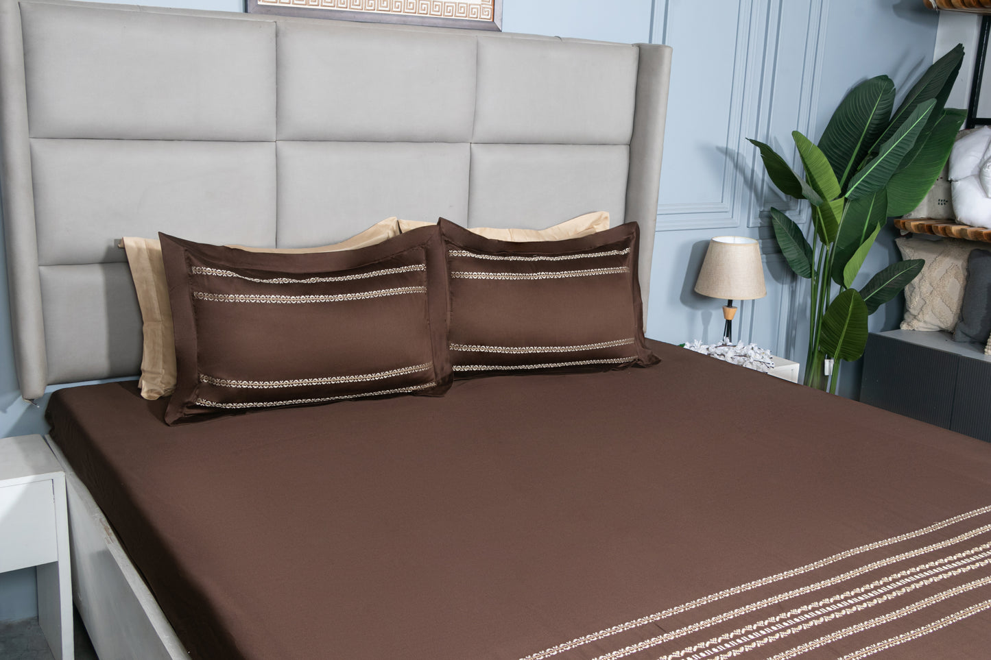 EMBROIDERY BEDSHEET 100% COTTON  (MOCHA, 3PCS)