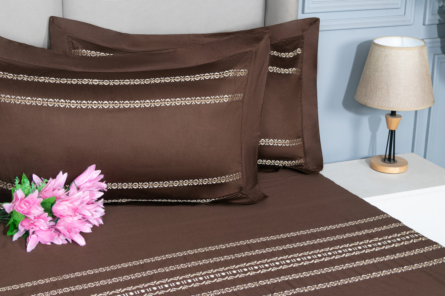 EMBROIDERY BEDSHEET 100% COTTON  (MOCHA, 3PCS)