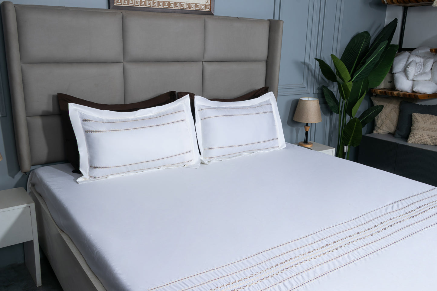 EMBROIDERY BEDSHEET 100% COTTON  (MOCHA, 3PCS)