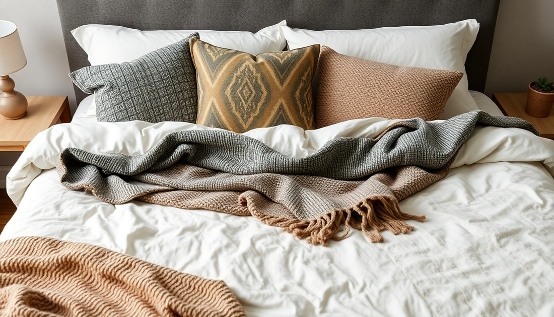 Cozy layered bed with bedsheet bedspread cushions and throws