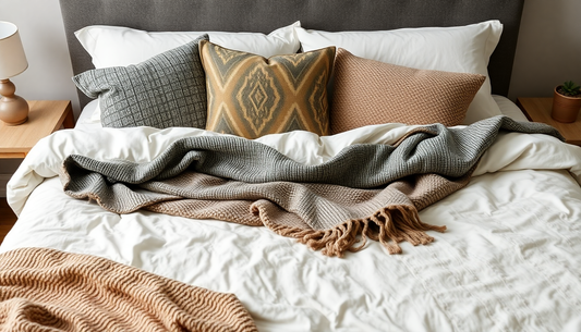 Cozy layered bed with bedsheet bedspread cushions and throws