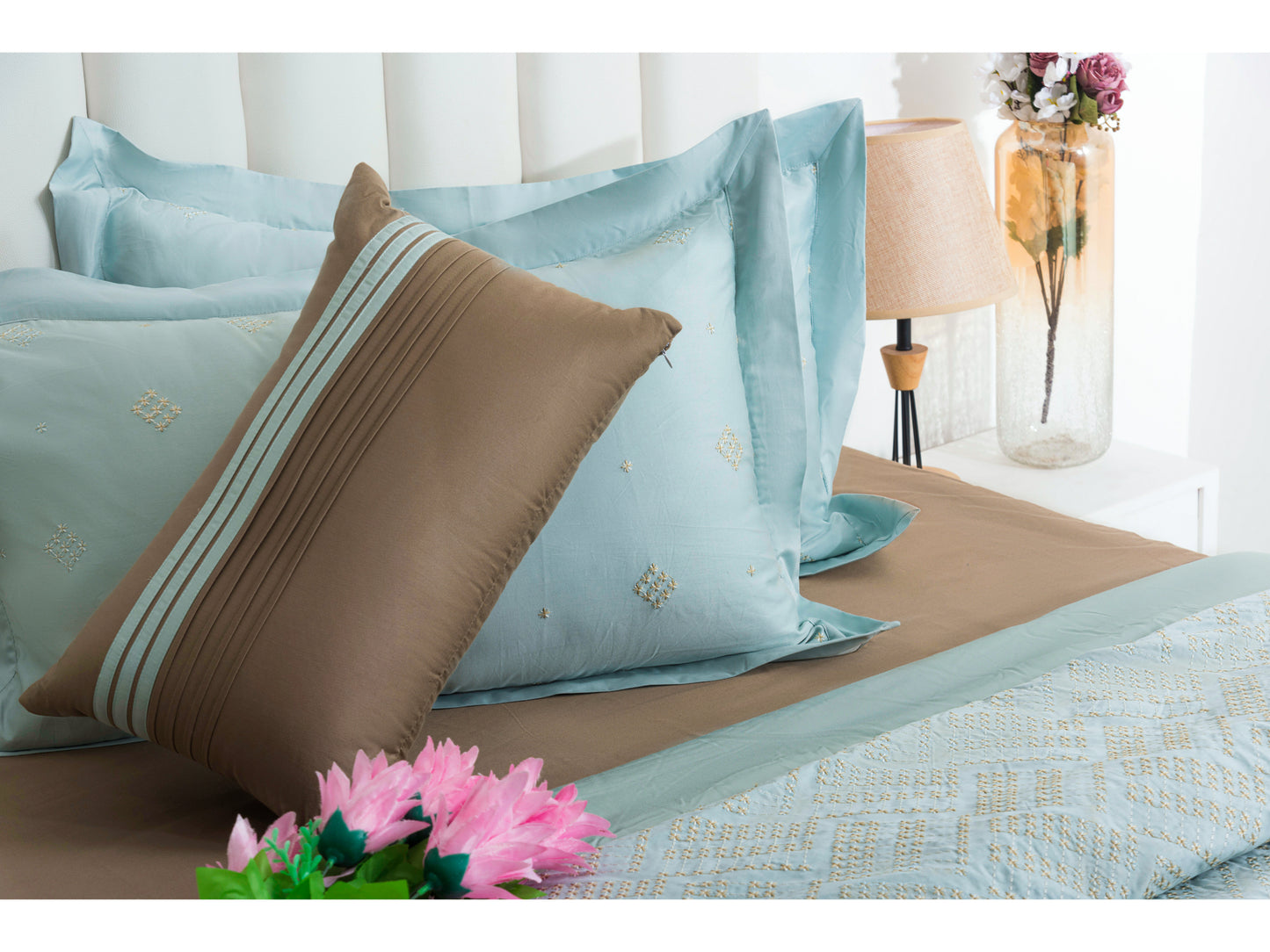 EMBROIDERY BEDDING SET 100% COTTON (9PCS,AQUA GREEN)