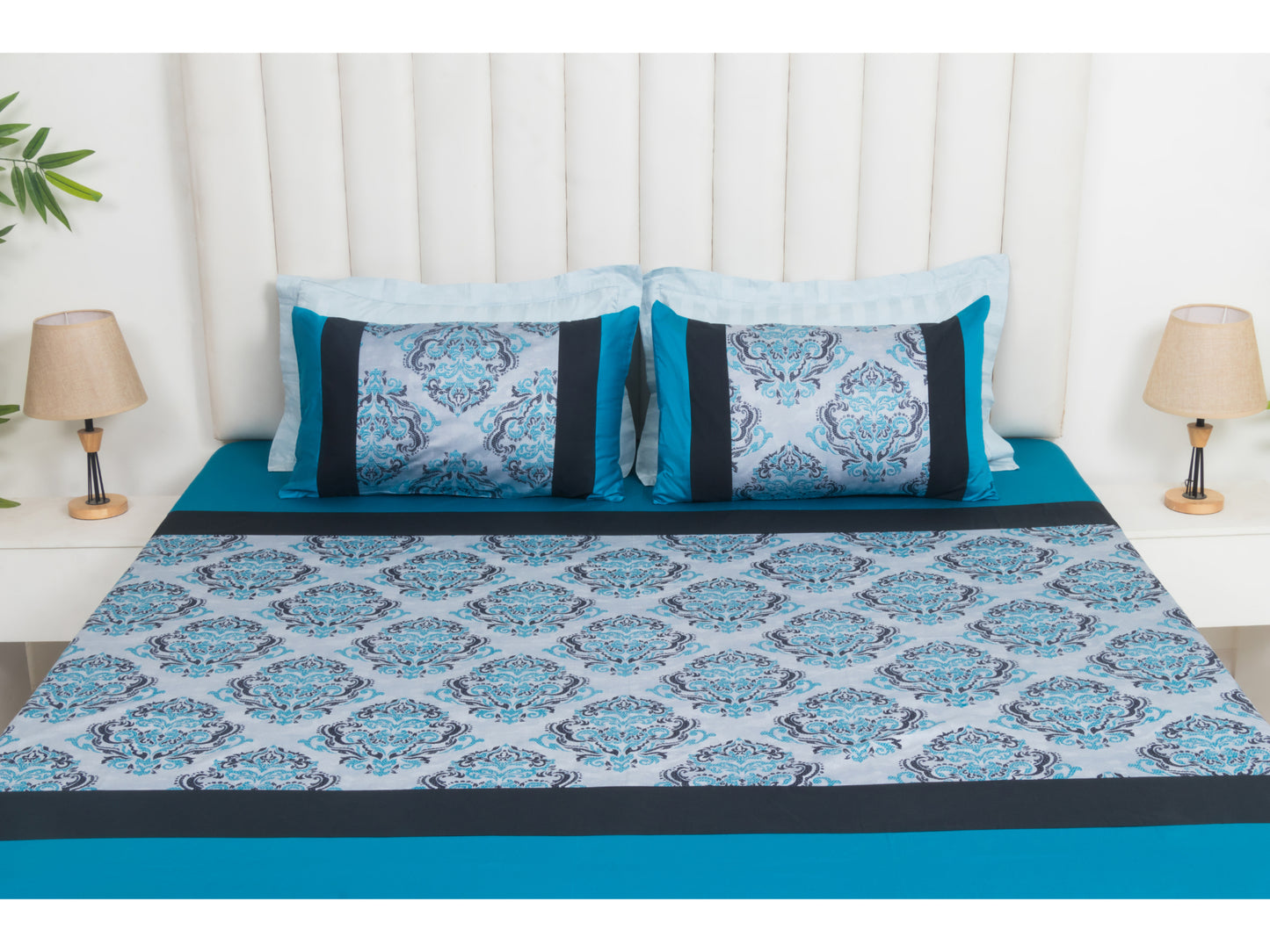 PRINTED WITH PATCH WORK 100% COTTON BEDSHEET (3PCS, BLUE)