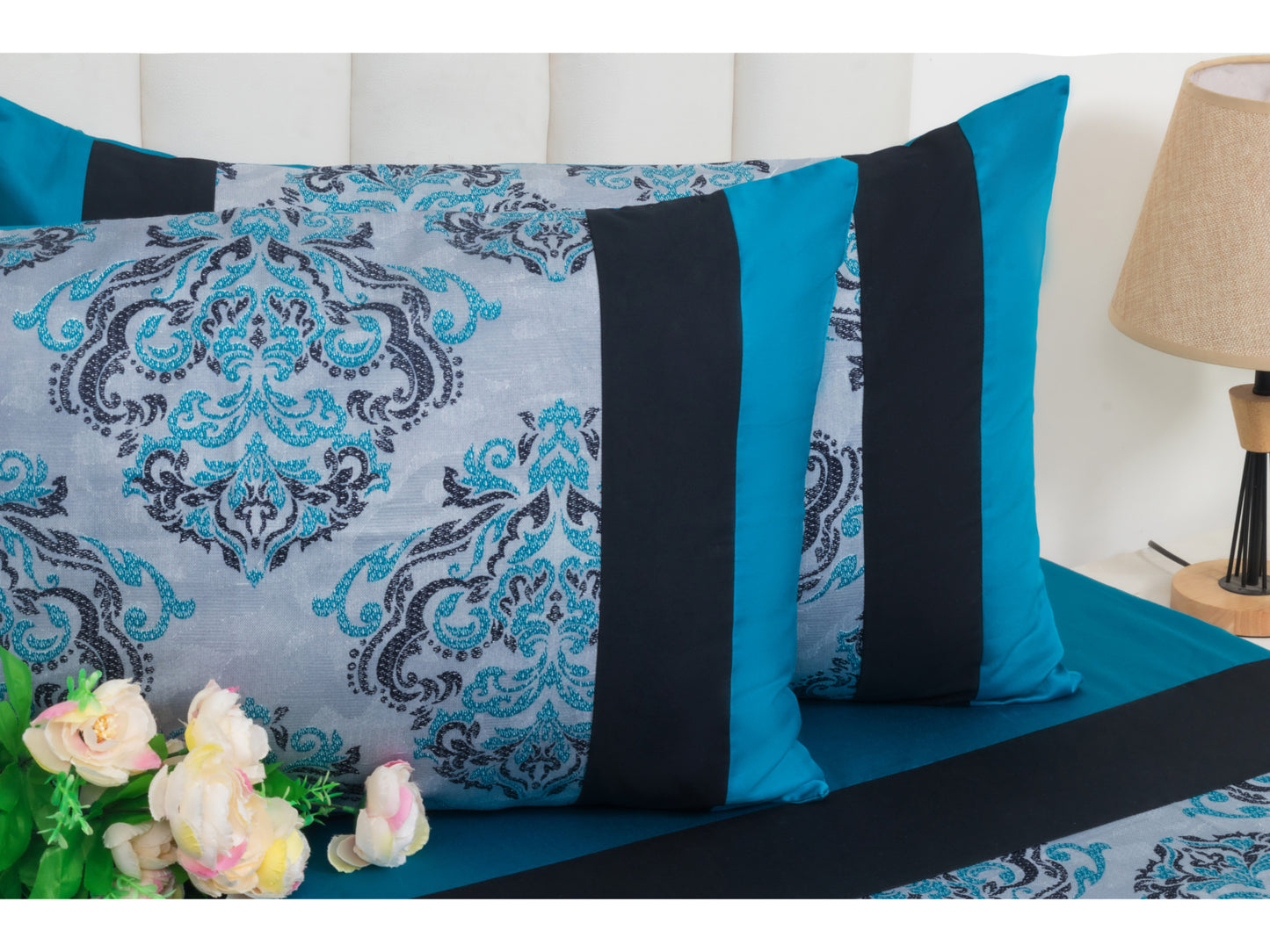 PRINTED WITH PATCH WORK 100% COTTON BEDSHEET (3PCS, BLUE)