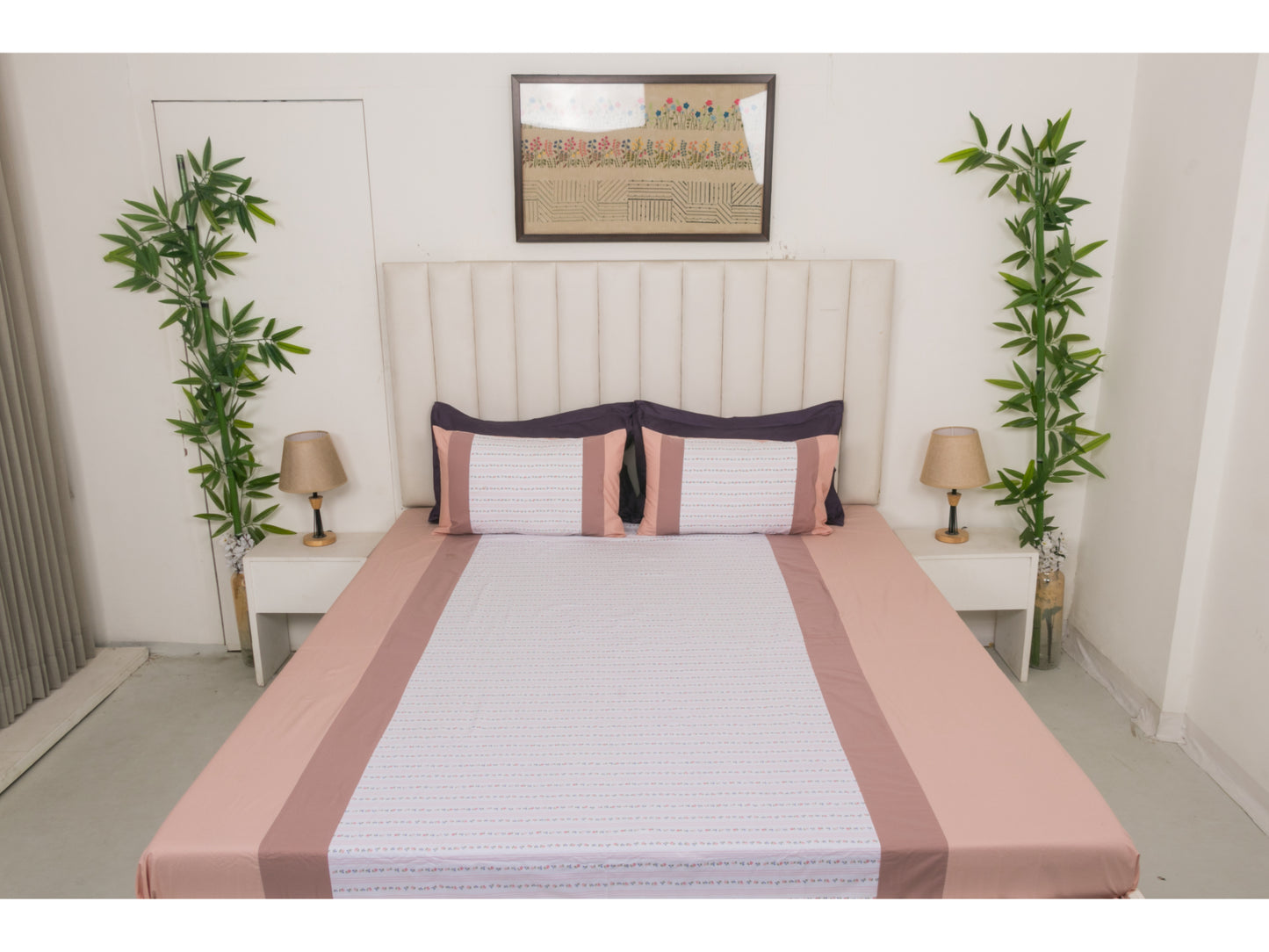 PRINTED WITH PATCH WORK 100% COTTON BEDSHEET (3PCS, PINK)