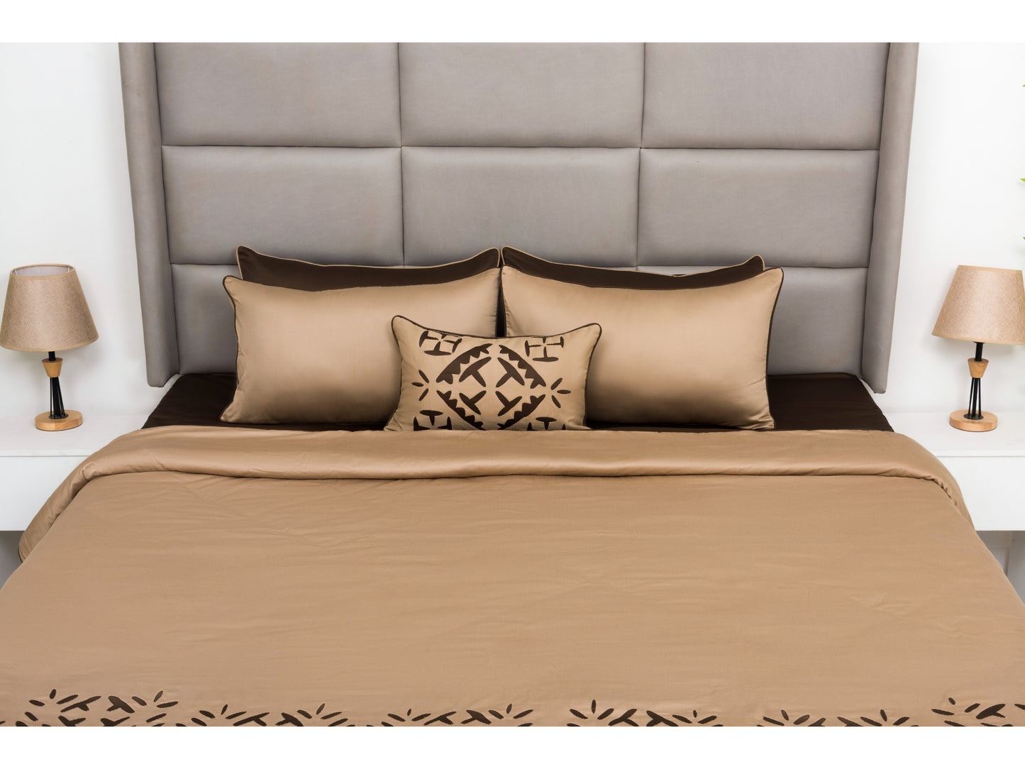 APLIC HAND WORK  BEDDING SET 100% COTTON (TAUPE,9 PCS)