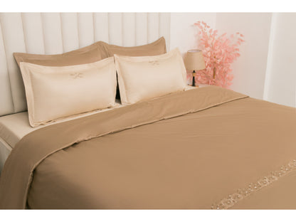 BEDSHEET WITH DOHOR SET 100% COTTON (4 PCS, PEARL WITH TAUPE)