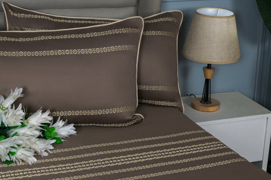 EMBROIDERY BEDSHEET 100% COTTON (MOCHA, 3PCS) - Bedding Bliss