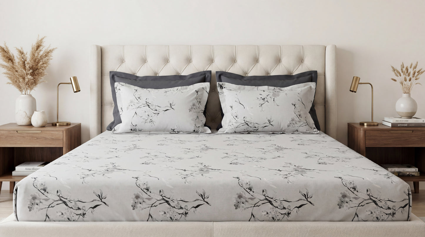 Grey Petals Printed Bedsheet (3 Pcs)