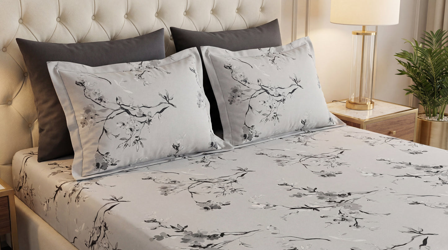 Grey Petals Printed Bedsheet (3 Pcs)