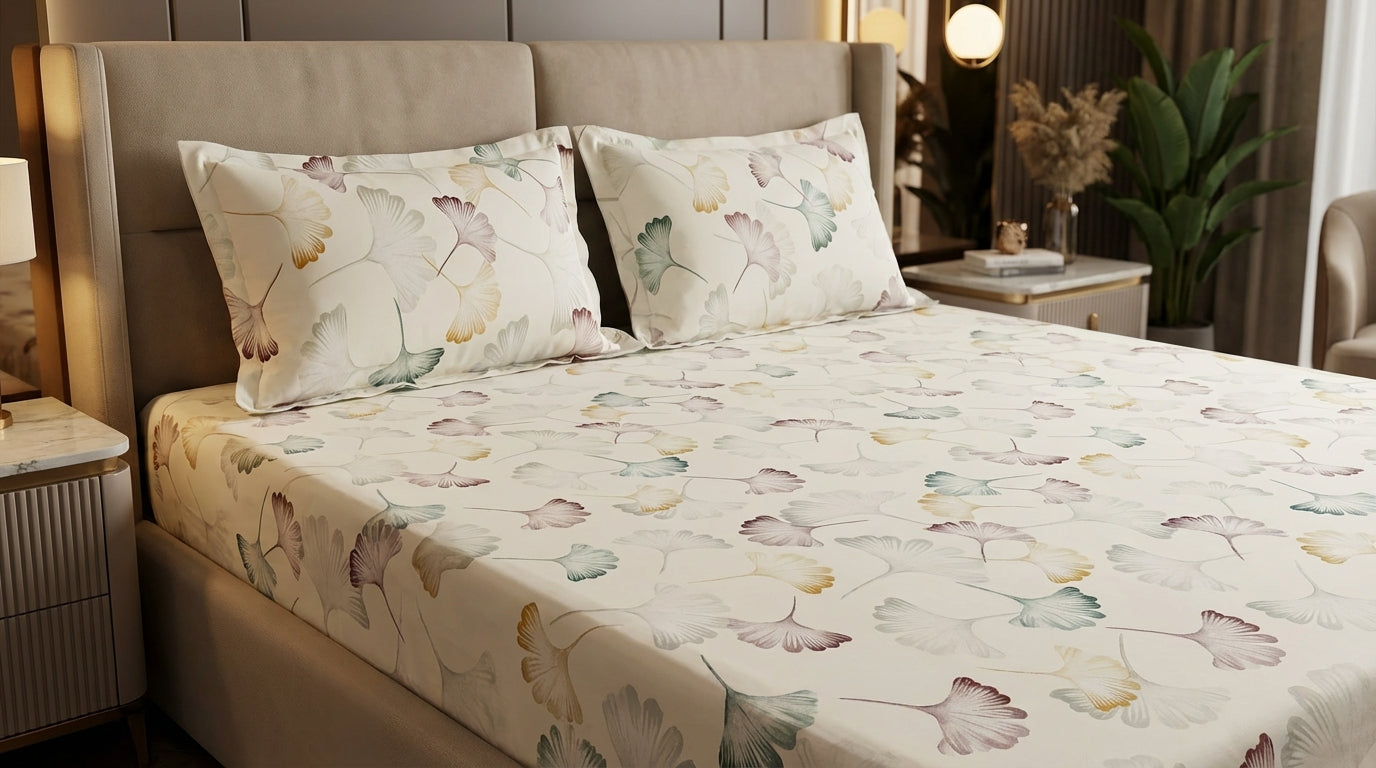 Golden Leaves Printed Bedsheet (3Pcs)