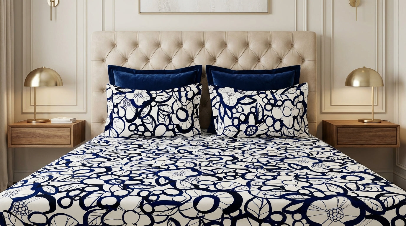 Imperial Blue Printed Bedsheet (3Pcs)